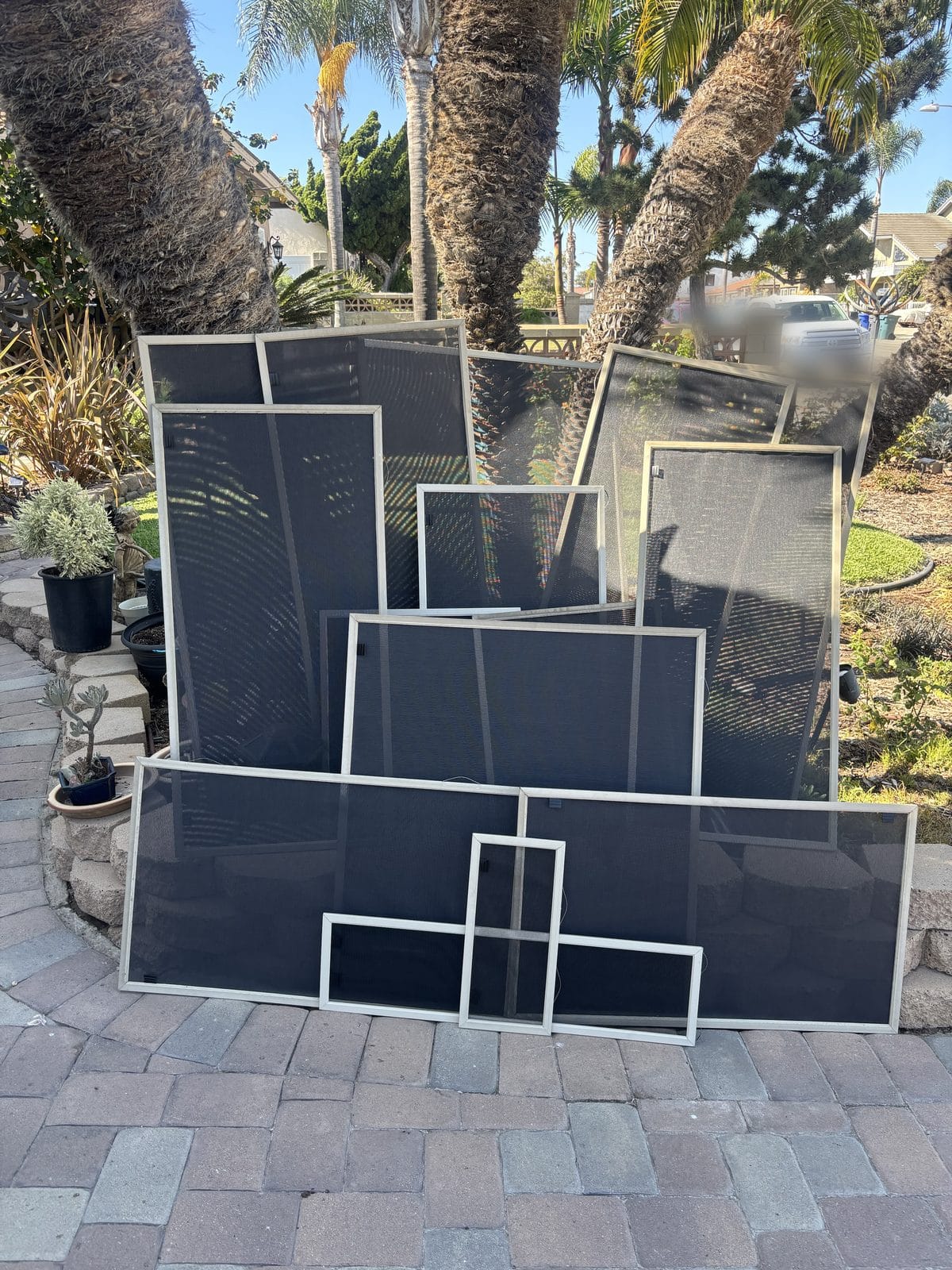 Newly re-screened window screens stacked against palm trees at an Imperial Beach home, built on site by Window Screens Repair