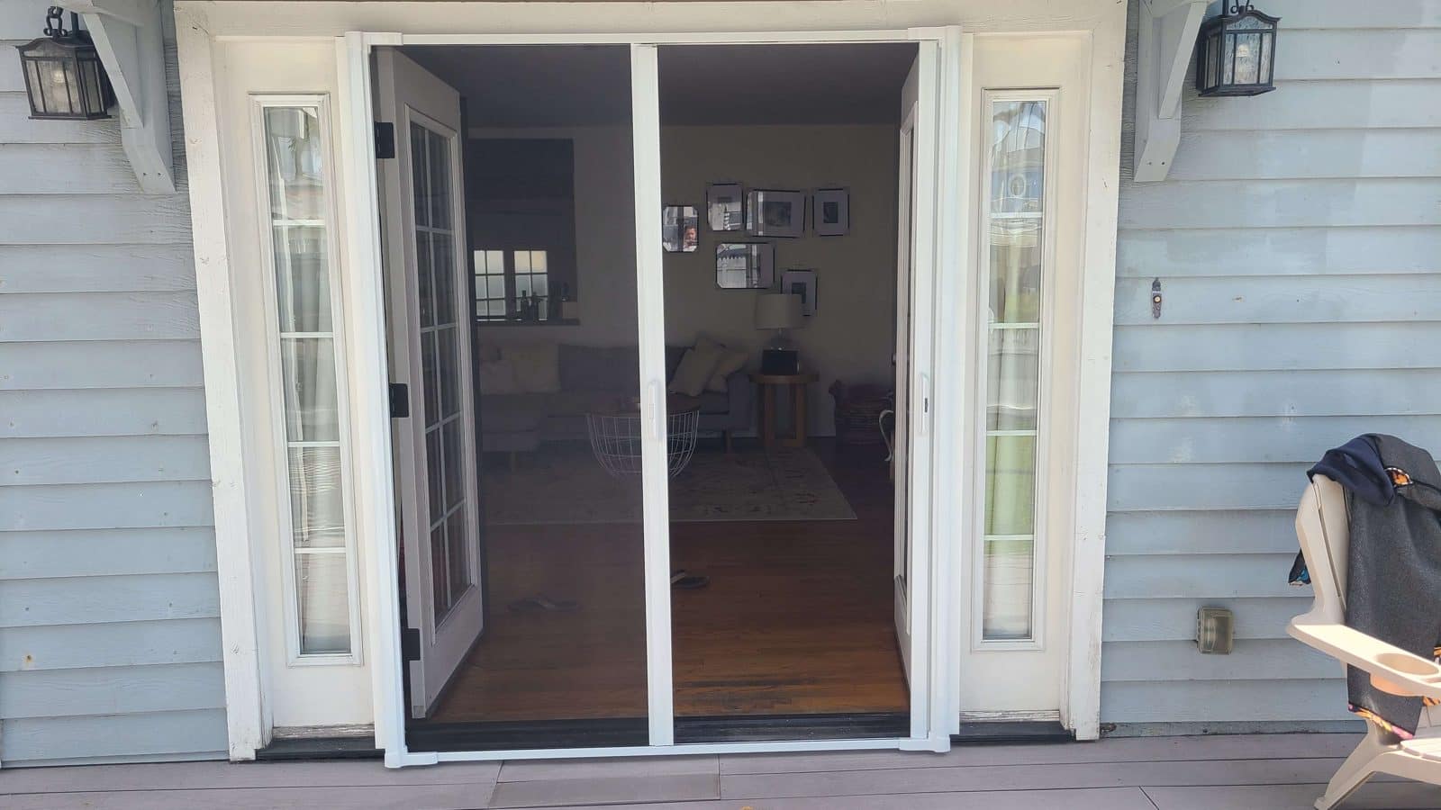 Phantom retractable screen door pulled across a patio opening